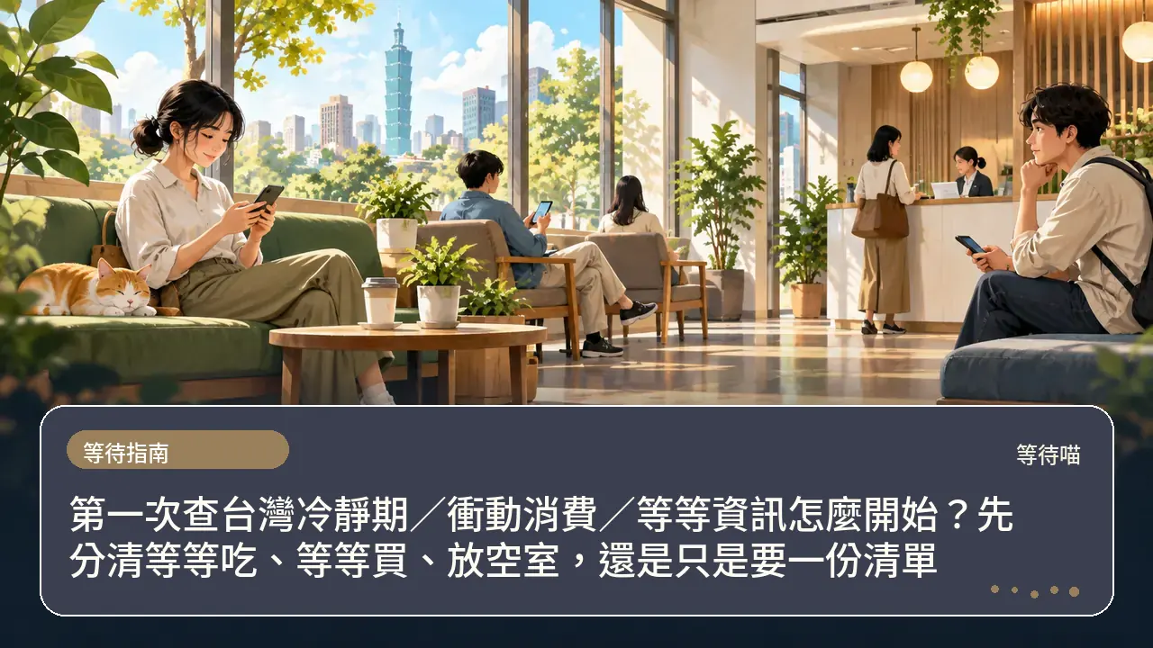 第一次查台灣冷靜期／衝動消費／等等資訊怎麼開始？先分清等等吃、等等買、放空室，還是只是要一份清單主題插畫